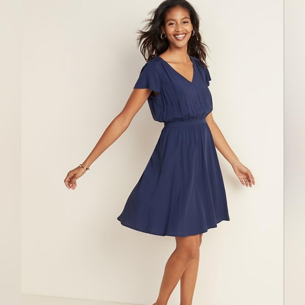 Old Navy NWT Blue Fit & Flare Dress Small V Neck Flutter Sleeve Midi Boho